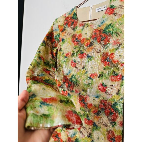 ROSETTA GETTY Multicolored Floral Crepe De Chine Sequin Long Sleeve Gown Size 0 - Picture 12 of 16